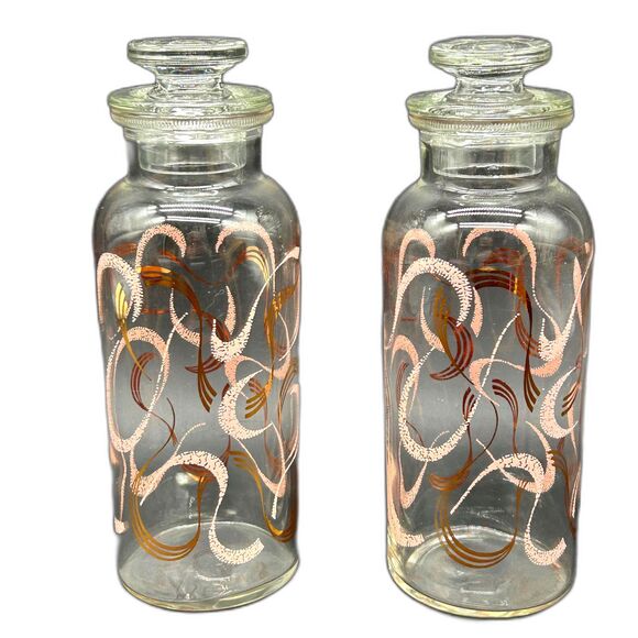 2 Glass Bottles with Stoppers MCM Bath Salts Pink and Gold Glass Containers - Picture 1 of 6